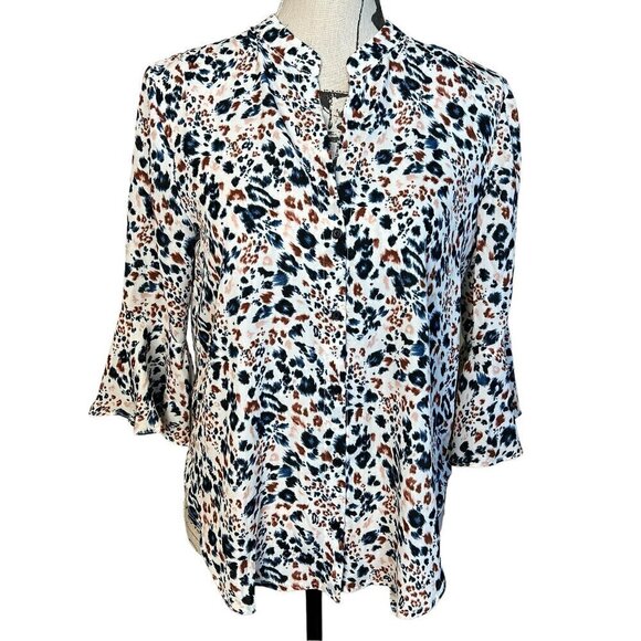 ASTR the Label Blouse Blue Multi Leopard Print Long Sleeves Size S Button Front - Picture 1 of 11